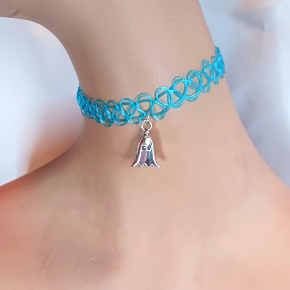 Light Blue Tattoo Choker Necklace with Silver Ghost Charm.